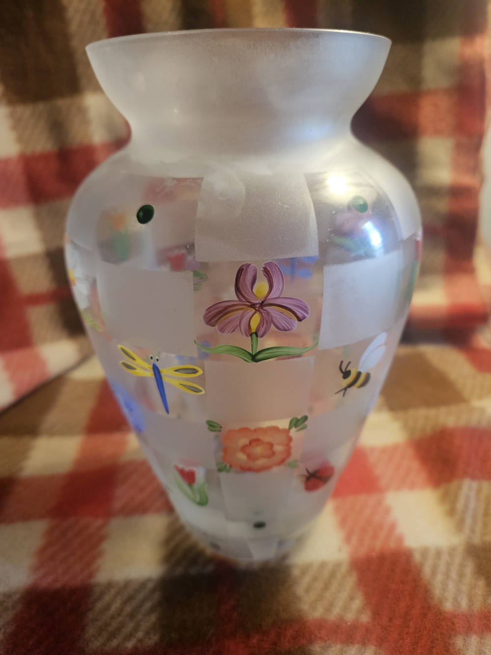 Frosted Glass Floral & Bug Motif Vase in Pink, Green and Yellow